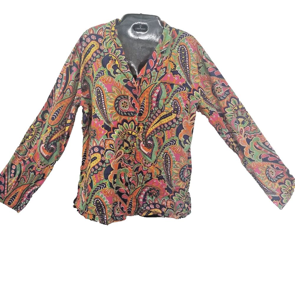 VERA BRADLEY Button Up SHIRT Colorful Paisley Long Sleeves, zig-Zag Cuffs size M